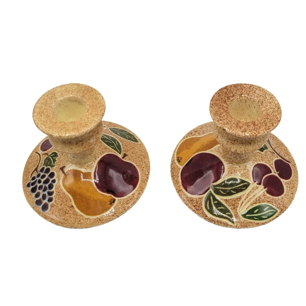 Folk Art Glazed Pottery Pair Candle Stick Holders Signed ARTIA Cherries Fruits